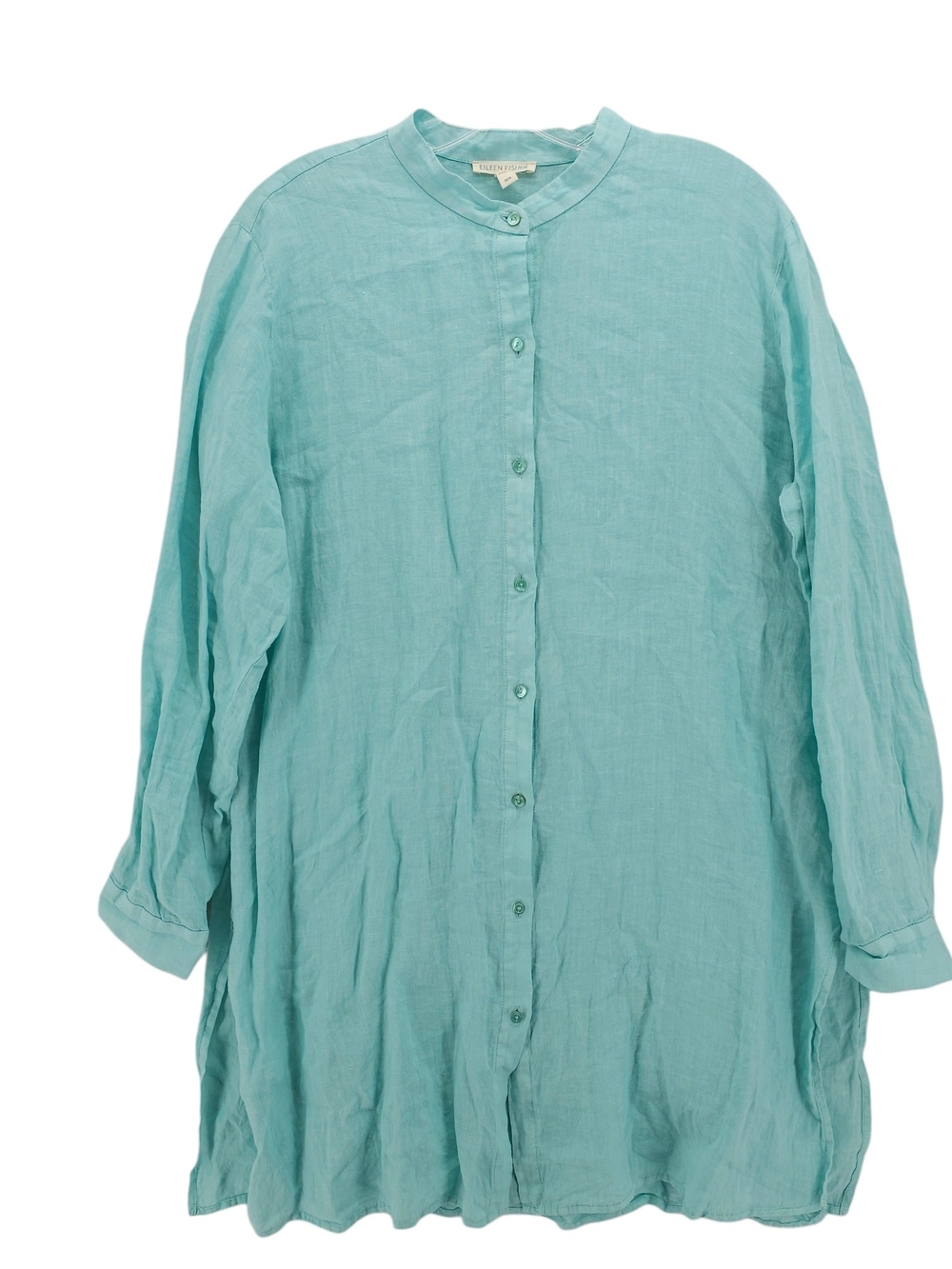 EILEEN FISHER Blue 100% Linen Button-Up Shirt Mandarin Collar Slits MEDIUM